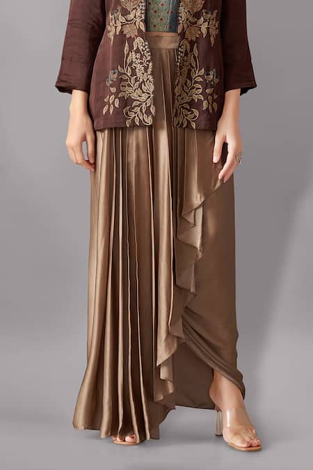 Buy Aditi Somani Brown Brocade, Satin, Modal Embroidery Open Flower Vine Jacket And Skirt Set Online at Aza Fashions Buy_Aditi Somani_Brown Brocade, Satin, Modal Embroidery Open Flower Vine Jacket And Skirt Set _Online_at_Aza_Fashions