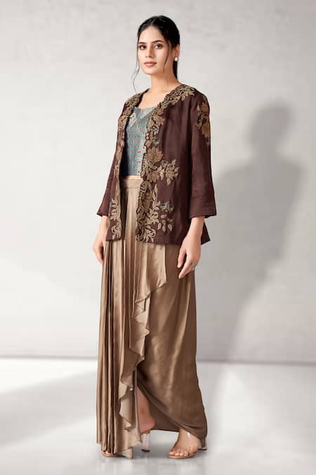 Shop Aditi Somani Brown Brocade, Satin, Modal Embroidery Open Flower Vine Jacket And Skirt Set Online at Aza Fashions Shop_Aditi Somani_Brown Brocade, Satin, Modal Embroidery Open Flower Vine Jacket And Skirt Set _Online_at_Aza_Fashions