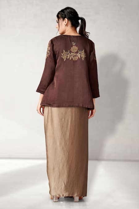 Shop Aditi Somani Brown Brocade, Satin, Modal Embroidery Open Flower Vine Jacket And Skirt Set at Aza Fashions Shop_Aditi Somani_Brown Brocade, Satin, Modal Embroidery Open Flower Vine Jacket And Skirt Set _at_Aza_Fashions