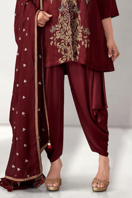 Aditi Somani Maroon Modal, Satin Embroidery V-neck Flower Vine Kurta Dhoti Pant Set Online at Aza Fashions Aditi Somani_Maroon Modal, Satin Embroidery V-neck Flower Vine Kurta Dhoti Pant Set _Online_at_Aza_Fashions