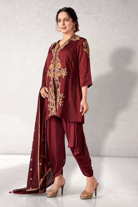 Buy Aditi Somani Maroon Modal, Satin Embroidery V-neck Flower Vine Kurta Dhoti Pant Set Online at Aza Fashions Buy_Aditi Somani_Maroon Modal, Satin Embroidery V-neck Flower Vine Kurta Dhoti Pant Set _Online_at_Aza_Fashions