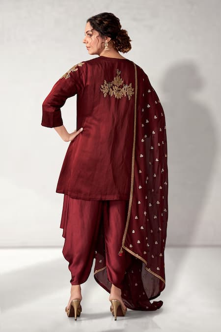 Shop Aditi Somani Maroon Modal, Satin Embroidery V-neck Flower Vine Kurta Dhoti Pant Set at Aza Fashions Shop_Aditi Somani_Maroon Modal, Satin Embroidery V-neck Flower Vine Kurta Dhoti Pant Set _at_Aza_Fashions