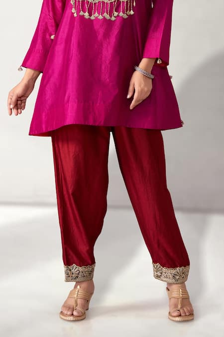 Buy Aditi Somani Magenta Bamboo, Silk Sequins, Patola Pattern Yoke Kurta With Harem Pant Online at Aza Fashions Buy_Aditi Somani_Magenta Bamboo, Silk Sequins, Patola Pattern Yoke Kurta With Harem Pant _Online_at_Aza_Fashions
