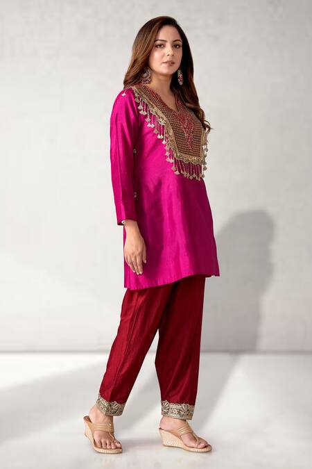 Shop Aditi Somani Magenta Bamboo, Silk Sequins, Patola Pattern Yoke Kurta With Harem Pant Online at Aza Fashions Shop_Aditi Somani_Magenta Bamboo, Silk Sequins, Patola Pattern Yoke Kurta With Harem Pant _Online_at_Aza_Fashions