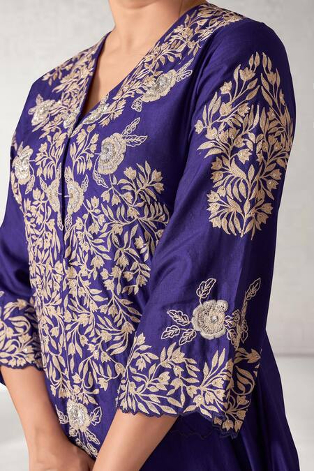 Shop_Aditi Somani_Purple Silk Embroidery V-neck Floral Blossom Kurta Pant Set _Online_at_Aza_Fashions