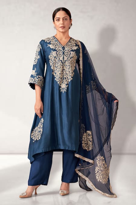 Aditi Somani Blue Dupion Silk Embroidery Floral V Neck Flower Blossom Kurta Pant Set 