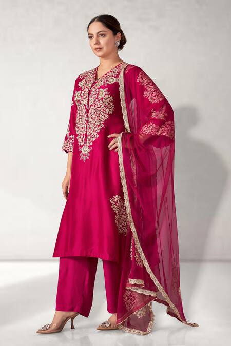 Buy_Aditi Somani_Pink Silk, Chiffon Embroidery V-neck Flower Vine Kurta Pant Set _Online_at_Aza_Fashions