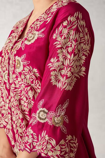 Shop_Aditi Somani_Pink Silk, Chiffon Embroidery V-neck Flower Vine Kurta Pant Set _Online_at_Aza_Fashions
