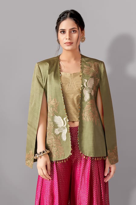 Aditi Somani_Green Brocade, Satin Sequins Open Neck Floral Embroidered Blazer Pant Set _Online_at_Aza_Fashions