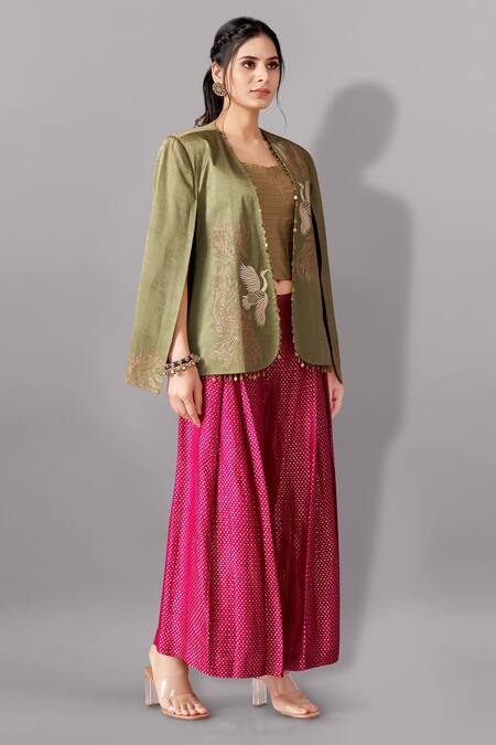 Buy_Aditi Somani_Green Brocade, Satin Sequins Open Neck Floral Embroidered Blazer Pant Set _Online_at_Aza_Fashions