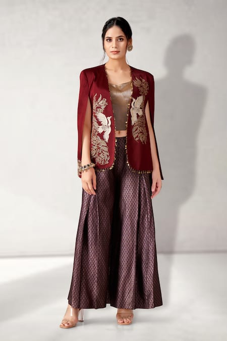 Aditi Somani Maroon Satin Linen Woven Floral Flying Bird Motif Embroidered And Pant Set 