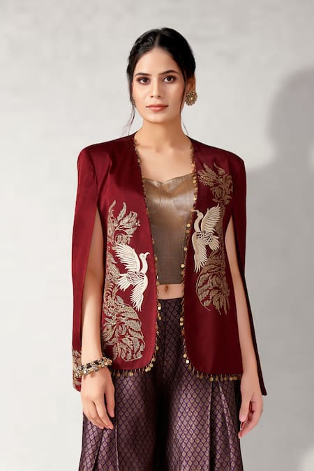Aditi Somani_Maroon Brocade, Satin, Linen Sequins, Flying Bird Motif Blazer And Pant Set _Online_at_Aza_Fashions