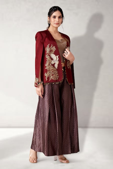 Buy_Aditi Somani_Maroon Brocade, Satin, Linen Sequins, Flying Bird Motif Blazer And Pant Set _Online_at_Aza_Fashions