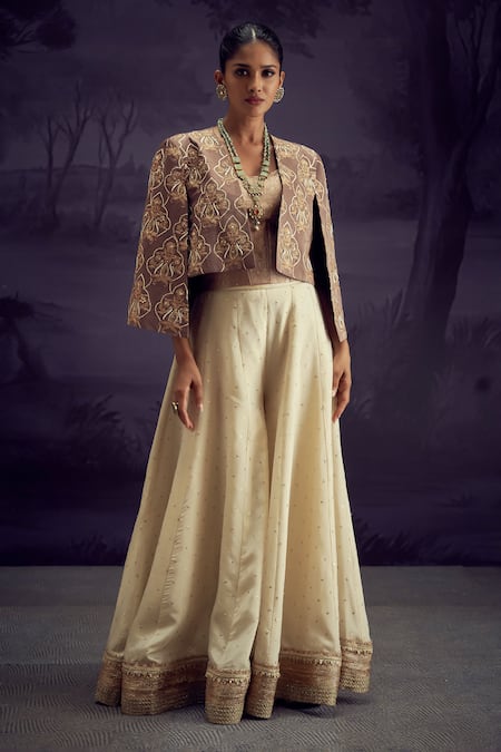 Aditi Somani Grey Satin Linen Woven Floral Jaal Jacket Open Neck Embroidered And Sharara Set 