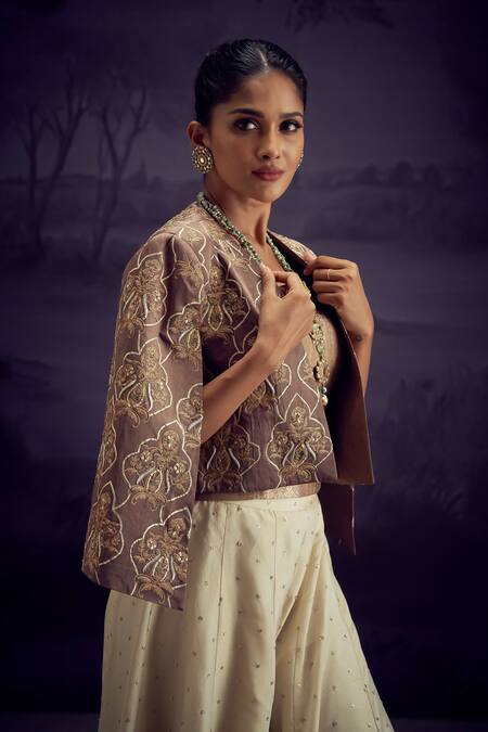 Aditi Somani_Grey Satin, Linen, Brocade Embroidery, Sequins Floral Jaal Jacket And Sharara Set _Online_at_Aza_Fashions
