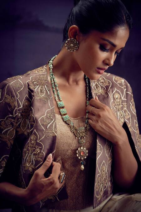 Buy_Aditi Somani_Grey Satin, Linen, Brocade Embroidery, Sequins Floral Jaal Jacket And Sharara Set _Online_at_Aza_Fashions