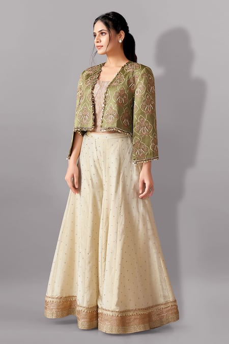 Aditi Somani Green Satin, Linen, Brocade Sequins Flower Jaal Embroidered Jacket And Sharara Set Online at Aza Fashions Aditi Somani_Green Satin, Linen, Brocade Sequins Flower Jaal Embroidered Jacket And Sharara Set _Online_at_Aza_Fashions