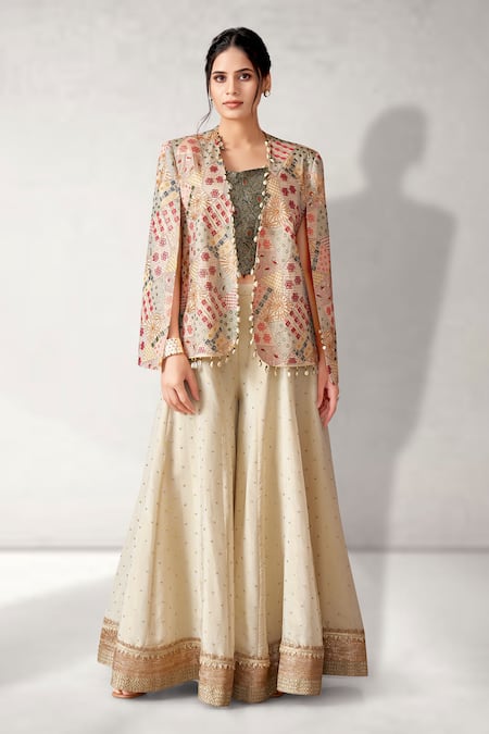 Aditi Somani Off White Silk Woven Abstract Floral Jacket Open Embroidered Blazer Sharara Set 