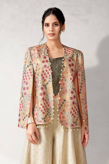 Aditi Somani_Off White Silk, Brocade Sequins Abstract Floral Embroidered Blazer Sharara Set _Online_at_Aza_Fashions