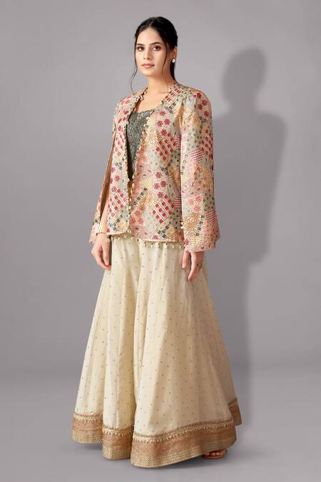 Buy_Aditi Somani_Off White Silk, Brocade Sequins Abstract Floral Embroidered Blazer Sharara Set _Online_at_Aza_Fashions