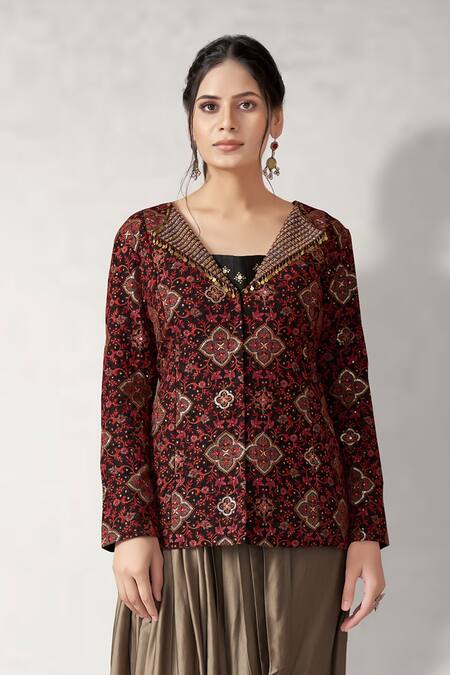 Aditi Somani_Black Silk, Brocade Embroidery, Contrast Floral Blazer And Draped Skirt Set _Online_at_Aza_Fashions