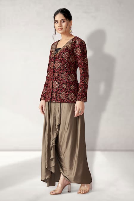 Buy_Aditi Somani_Black Silk, Brocade Embroidery, Contrast Floral Blazer And Draped Skirt Set _Online_at_Aza_Fashions