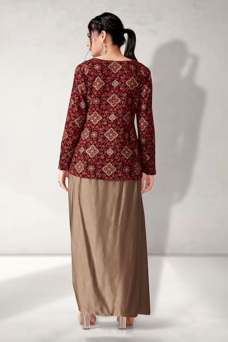 Aditi Somani Contrast Floral Embroidered Blazer & Draped Skirt Set 