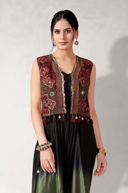 Aditi Somani Green Pure Cotton, Suede Embroidery, Ombre Two Tone Jumpsuit With Jacket Online at Aza Fashions Aditi Somani_Green Pure Cotton, Suede Embroidery, Ombre Two Tone Jumpsuit With Jacket _Online_at_Aza_Fashions