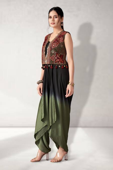 Buy Aditi Somani Green Pure Cotton, Suede Embroidery, Ombre Two Tone Jumpsuit With Jacket Online at Aza Fashions Buy_Aditi Somani_Green Pure Cotton, Suede Embroidery, Ombre Two Tone Jumpsuit With Jacket _Online_at_Aza_Fashions