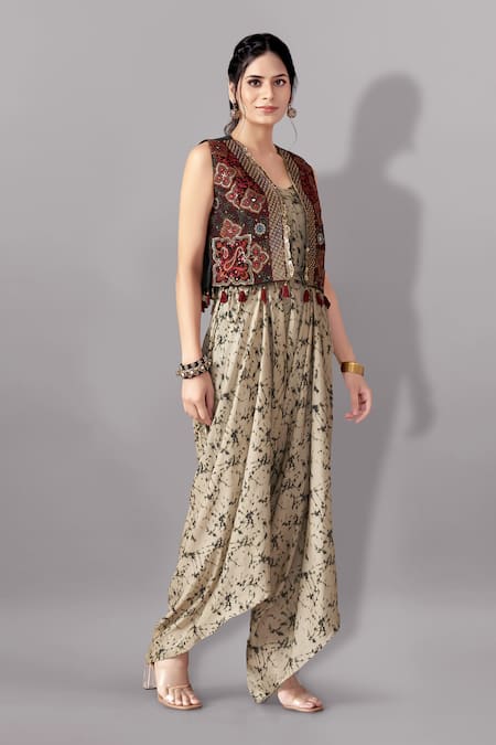 Buy Aditi Somani Cream Modal, Suede, Pure Cotton Sequins, Abstract Print Jumpsuit With Jacket Online at Aza Fashions Buy_Aditi Somani_Cream Modal, Suede, Pure Cotton Sequins, Abstract Print Jumpsuit With Jacket _Online_at_Aza_Fashions