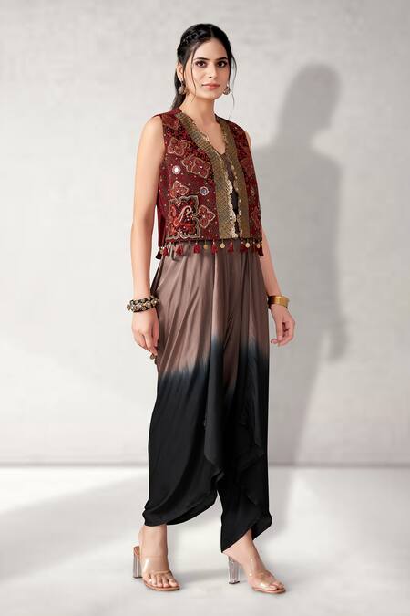 Shop_Aditi Somani_Grey Pure Cotton, Suede Ombre Two Tone Jumpsuit With Floral Embroidered Jacket _Online_at_Aza_Fashions