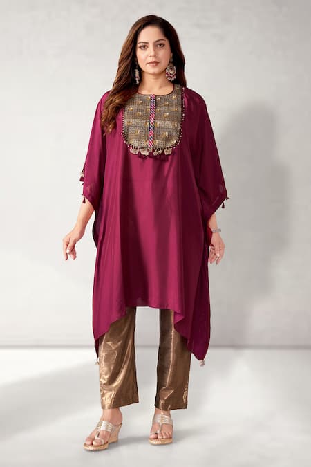 Aditi Somani_Wine Silk Gota Patti, Tassels Round Neck Embroidered Yoke Kaftan With Pant _Online_at_Aza_Fashions