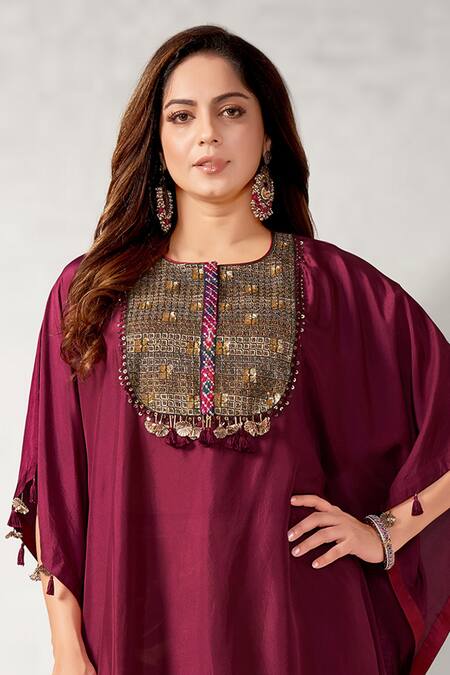 Buy_Aditi Somani_Wine Silk Gota Patti, Tassels Round Neck Embroidered Yoke Kaftan With Pant _Online_at_Aza_Fashions