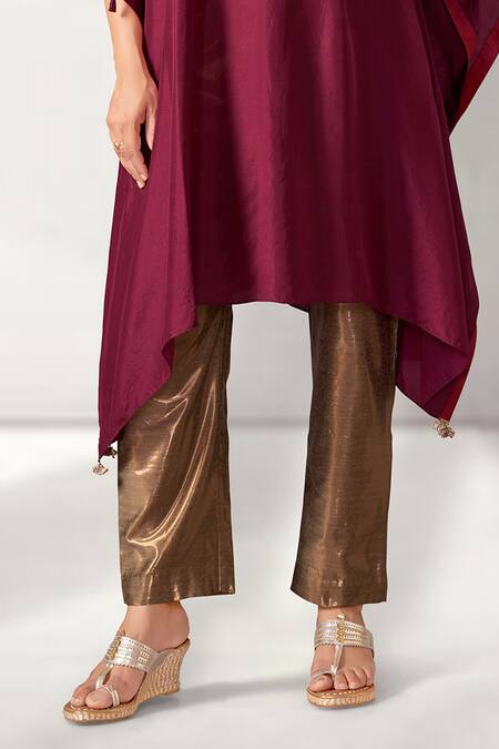 Shop_Aditi Somani_Wine Silk Gota Patti, Tassels Round Neck Embroidered Yoke Kaftan With Pant _Online_at_Aza_Fashions