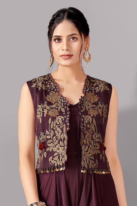 Aditi Somani_Wine Pure Cotton, Suede, Modal Embroidery, Plain Draped Jumpsuit With Jacket _Online_at_Aza_Fashions