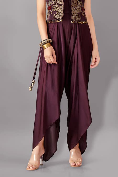 Buy_Aditi Somani_Wine Pure Cotton, Suede, Modal Embroidery, Plain Draped Jumpsuit With Jacket _Online_at_Aza_Fashions