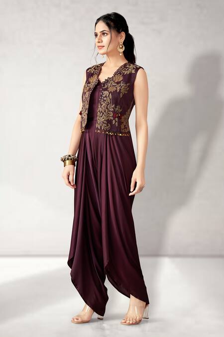 Shop_Aditi Somani_Wine Pure Cotton, Suede, Modal Embroidery, Plain Draped Jumpsuit With Jacket _Online_at_Aza_Fashions