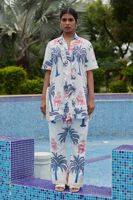 Khajoor Studio_White Silk Ruffles Collared Panther Printed Tunic And Co-ord Set _Online_at_Aza_Fashions