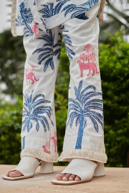 Buy_Khajoor Studio_White Silk Ruffles Collared Panther Printed Tunic And Co-ord Set _Online_at_Aza_Fashions