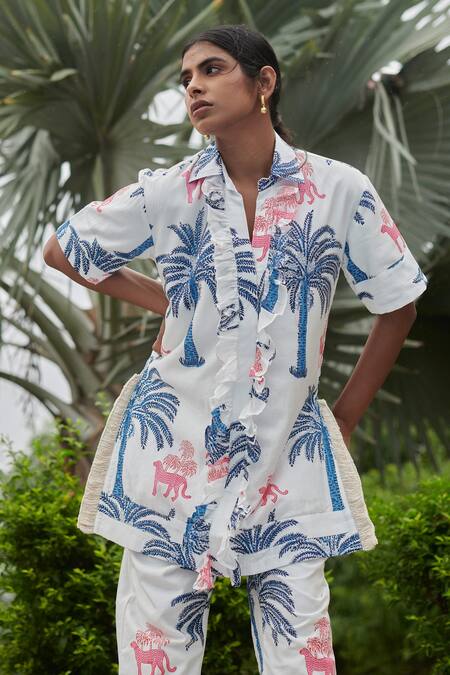Shop_Khajoor Studio_White Silk Ruffles Collared Panther Printed Tunic And Co-ord Set _Online_at_Aza_Fashions