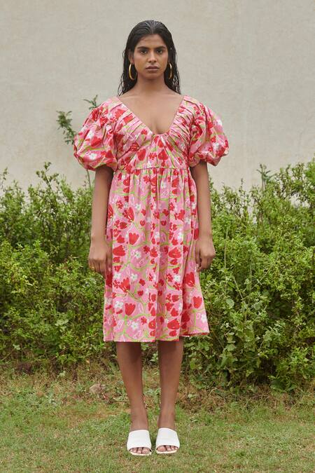 Khajoor Studio_Pink Cotton Plunge Neck Le Blush Fleur Printed Midi Dress _Online_at_Aza_Fashions