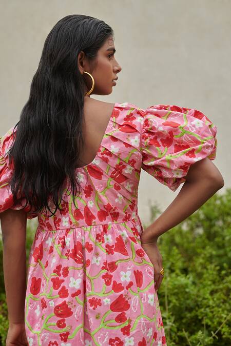 Shop_Khajoor Studio_Pink Cotton Plunge Neck Le Blush Fleur Printed Midi Dress _Online_at_Aza_Fashions