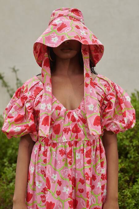 Buy_Khajoor Studio_Pink Cotton Plunge Neck Le Blush Fleur Printed Midi Dress 