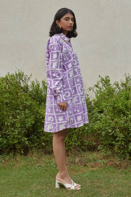 Khajoor Studio_Purple Cotton Embroidery Collared Hakuna Matata Oversized Shirt Dress _Online_at_Aza_Fashions