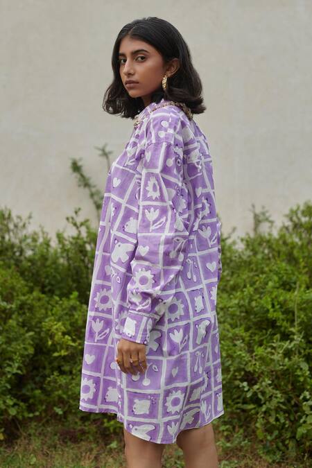 Buy_Khajoor Studio_Purple Cotton Embroidery Collared Hakuna Matata Oversized Shirt Dress _Online_at_Aza_Fashions