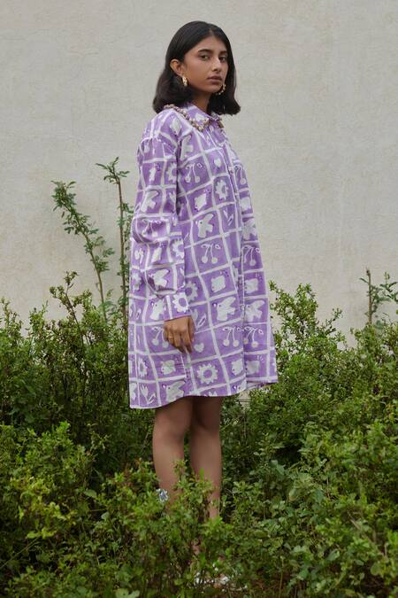Shop_Khajoor Studio_Purple Cotton Embroidery Collared Hakuna Matata Oversized Shirt Dress _Online_at_Aza_Fashions