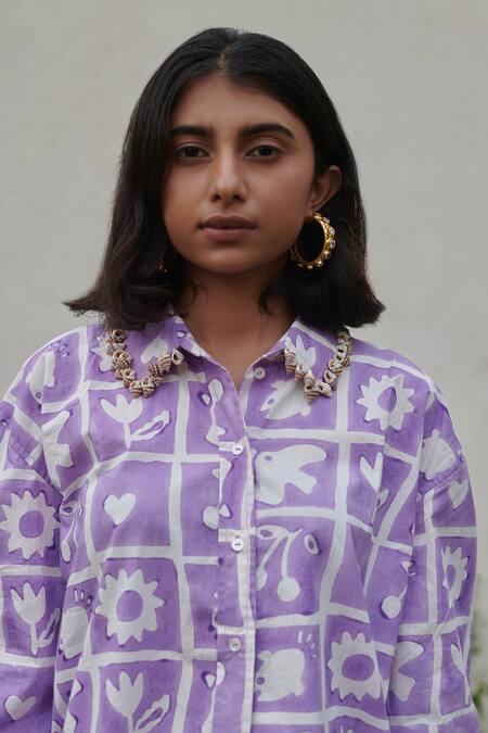 Buy_Khajoor Studio_Purple Cotton Embroidery Collared Hakuna Matata Oversized Shirt Dress 