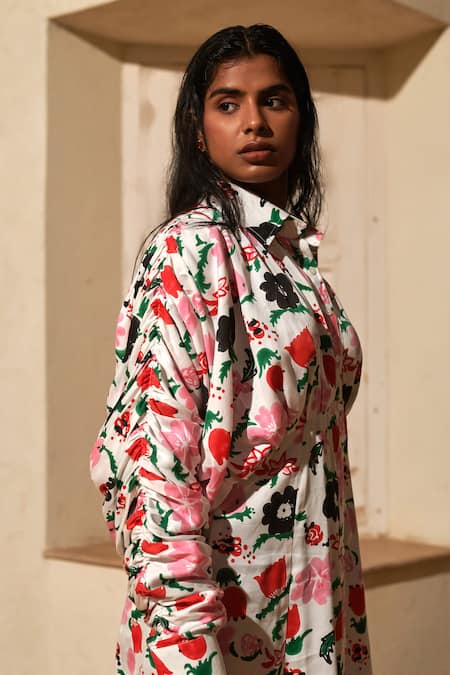 Khajoor Studio Multi Color Linen, Satin Collared Jardin Draped Sleeve Shirt Dress Online at Aza Fashions Khajoor Studio_Multi Color Linen, Satin Collared Jardin Draped Sleeve Shirt Dress _Online_at_Aza_Fashions