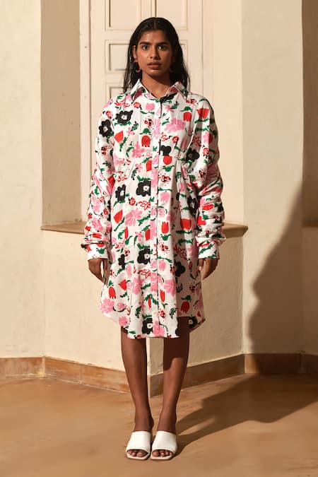 Buy Khajoor Studio Multi Color Linen, Satin Collared Jardin Draped Sleeve Shirt Dress Online at Aza Fashions Buy_Khajoor Studio_Multi Color Linen, Satin Collared Jardin Draped Sleeve Shirt Dress _Online_at_Aza_Fashions