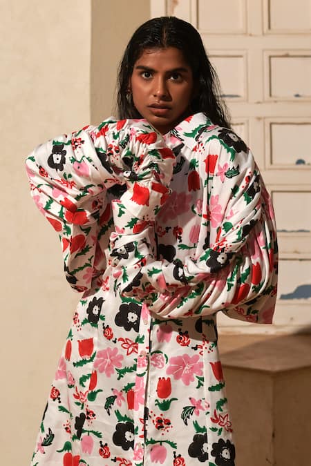 Khajoor Studio Multi Color Linen, Satin Collared Jardin Draped Sleeve Shirt Dress at Aza Fashions Khajoor Studio_Multi Color Linen, Satin Collared Jardin Draped Sleeve Shirt Dress _at_Aza_Fashions